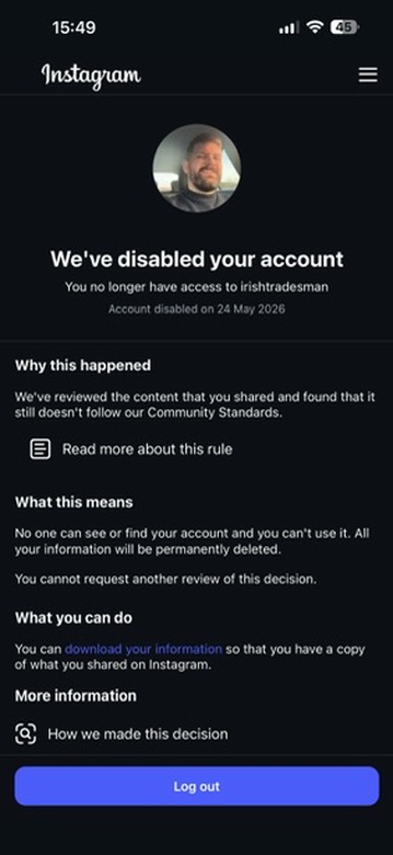 Instagram account disabled screen for irishtradesman dated 24 May 2026