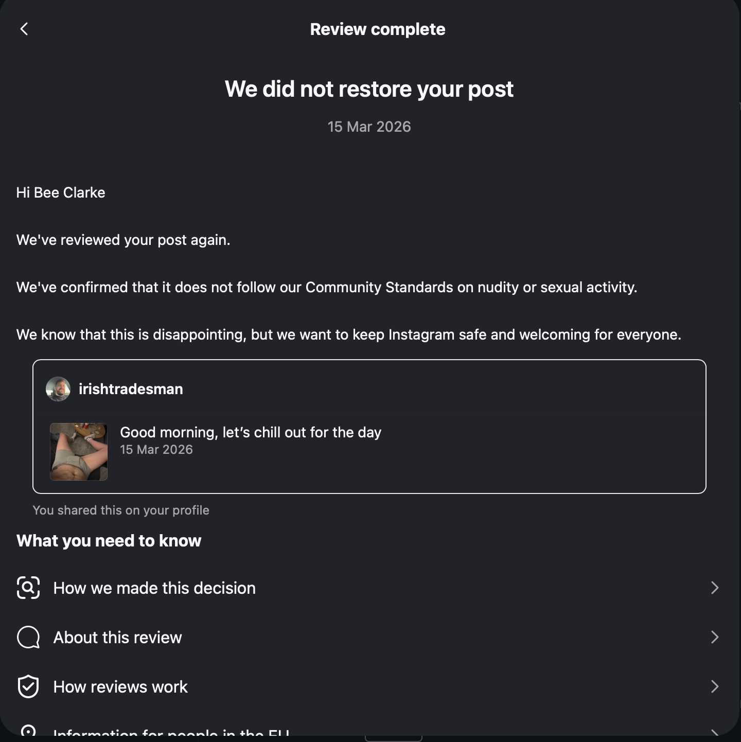 Meta appeal denial for shared post