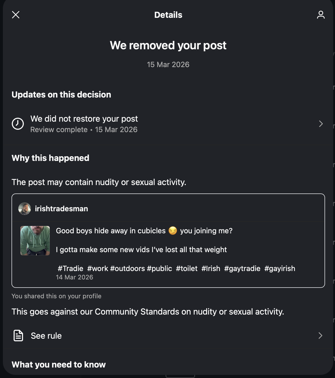 Post removal details with appeal update