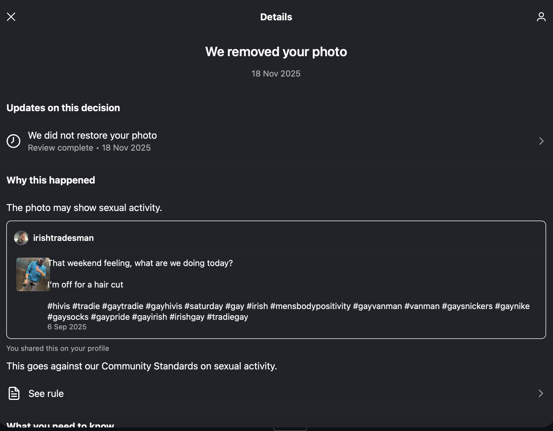Meta appeal denial screenshot November 2025