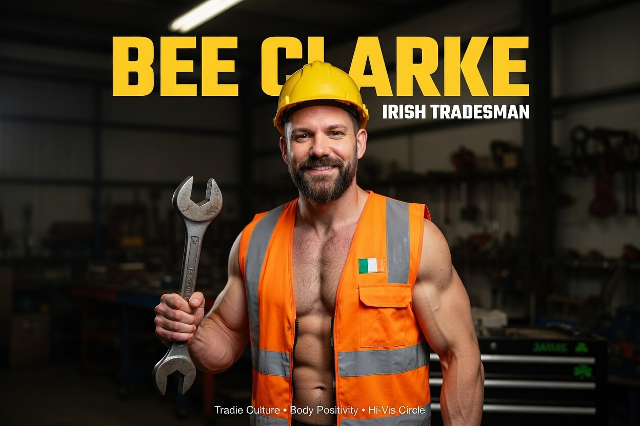 Bee Clarke as Irish Tradesman in hi-vis gear